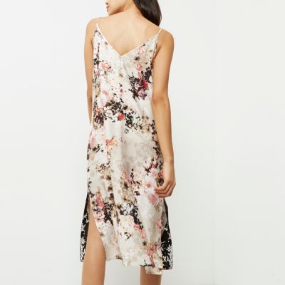 Beige floral print slip dress